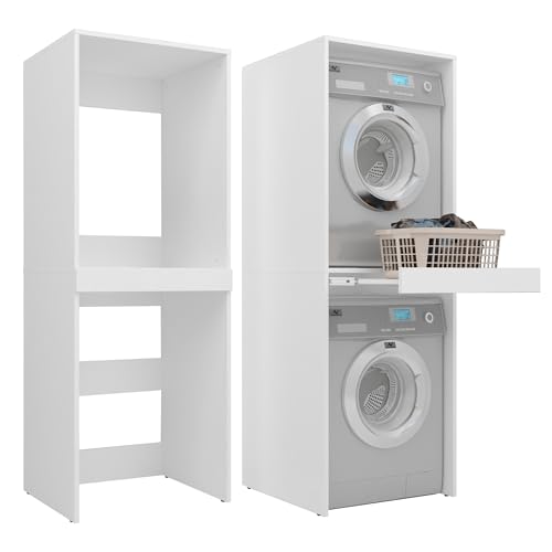 Milionmeblicom Mobile Lavatrice e Asciugatrice Colonna LUNA Salvaspazio Mensola Estraibile Ripiani Struttura Robusta Mobile Bagno Lavanderia 183,7×65×66 cm Bianco Opaco