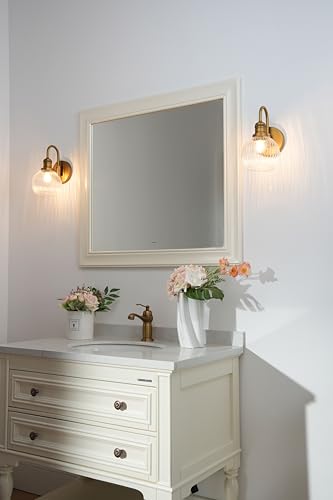 Image of Yosoan Aged Brass Gold Boho Vintage Bathroom Wall Sconce with Striped Shade, 1-Light Indoor Hardwired Vanity Wall Mounted Fixture with Round Glass Lamp for Bedroom Mirror Living Room(Antique)