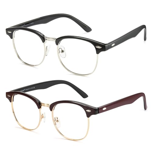 Image of Cyxus 2 Pack Blue Light Glasses Men Women Retro Semi Rimless Browline Blue Light Glasses for Computer Eye Strain Gaming Glasses(402B002 Black & Wine Red)