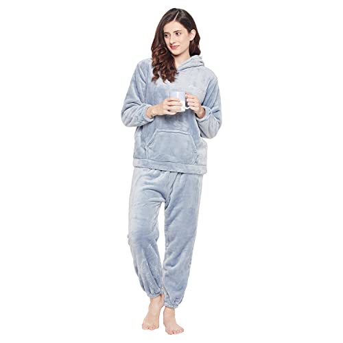 Image of CAMEY Women Winter Full Sleeve Top and Pajama Pants Regular Fit Night Suit Hooded Top and Pyjama Set Ladies Night Dress (Free Size, Blue)