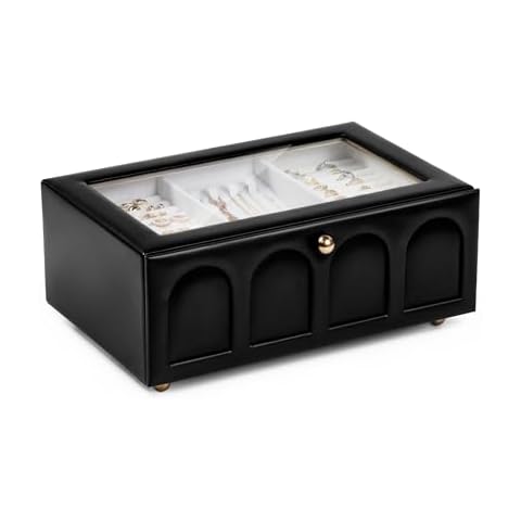 CASEGRACE Jewelry Box for Women, 2 Layer Double Drawer Jewelry Organizer Glass Lid, Large Jewelry Display Case for Necklace Bracelet Earrings Rings Storage for Dresser, Black Cover
