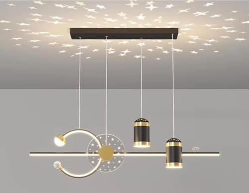 Image of Modern Linear LED Pendant Chandelier Light | Contemporary Star Projection Hanging Ceiling Lamp | Black & Gold Finish | Ideal for Dining Table, Kitchen Island, Living Room & Bar