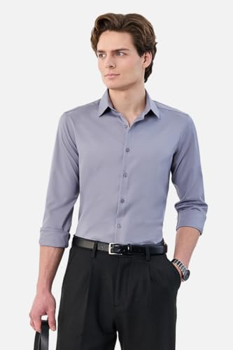Image of SNITCH Men Formal Shirt | Tailored Slim Fit Full Sleeve Spread Collar Solid Style | Breathable Polyester Viscose Blend Twill Fabric for Office & Evening