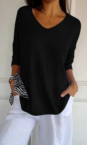 Knit Sweater for Women Dressy Casual V Neck Sweaters 3/4 Sleeve Soft Lightweight Sweaters Fall Sweater Pullover3