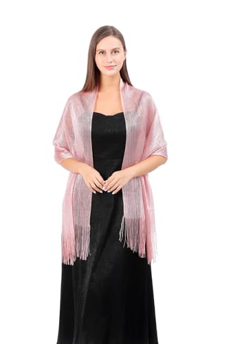 Image of Stoles for Evening Dress with Buckle, Fringes - Polyester Blend, Shimmer Stole Wraps for Weddings, Party | Women's Clothing