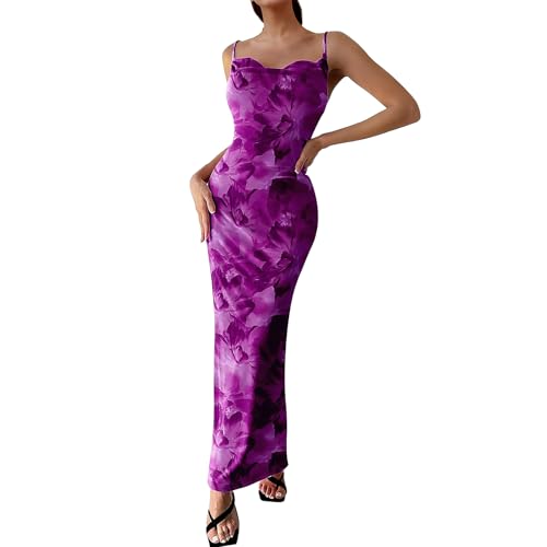 Image of Women's Spaghetti Strap Maxi Dress Floral Print Bodycon Long Dress Summer Beach Vacation Wedding Guest Outfits