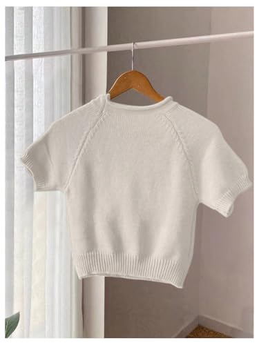 OYOANGLE Women's Bow Printed Pullover Sweaters Crew Neck Short Sleeve Ribbed Knit Casual Crop Tops Knitwear2