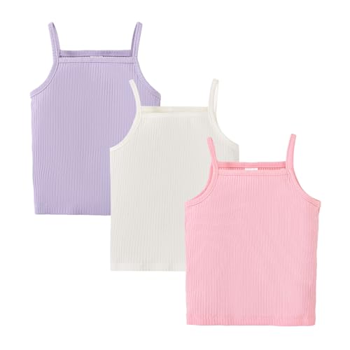 Image of ROMPERINBOX Toddler Tank Tops Girls Spaghetti Strap Ribbed Knit 3 Pack Sleeveless Casual Basic Cami Top for 12M-4T