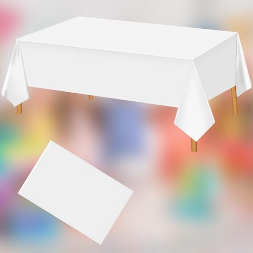Image of Hxezoc White Disposable Plastic Tablecloth, 54 x 108 Inches Waterproof Table Cover for Wedding Birthday Party Baby Shower Decorations Outdoor Indoor Party Supplies