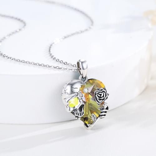 Image of S925 Sterling Silver Skull Pendant Necklace Heart Crystal Birthstone Skull Necklace Gothic Jewlery Gifts