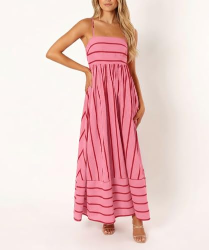Image of chouyatou Women's Striped Back Smocked Maxi Dress Sexy Spaghetti Strap Cut Out Flowy Swing Long Dress