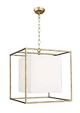16 Inch Caged Lantern Lamp Cubix Wide Golden Square Open Cubed Frame Metal Texture Fabric Shade Pendant Lamp