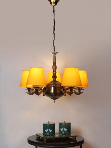 Image of Devansh 05 Lights Yellow conical Cotton Shade with Antique Golden Chandelier
