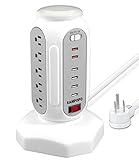 Power Strip Tower Surge Protector with RBG Light, SANPOPO Desktop Charging Tower, 15 Outlets 6 USB Ports, 900Joules 6.5 ft Retractable Cord,Multiple Protections for Home Office Dorm Room (1875W/10A)
