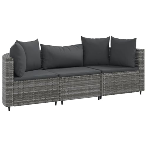 vidaXL Set de sofá de jardín 3 pzas y Cojines ratán sintético Gris, Juego de sofás de Exterior, Juego de salón de jardín, Juego de sofás de Esquina de Exterior
