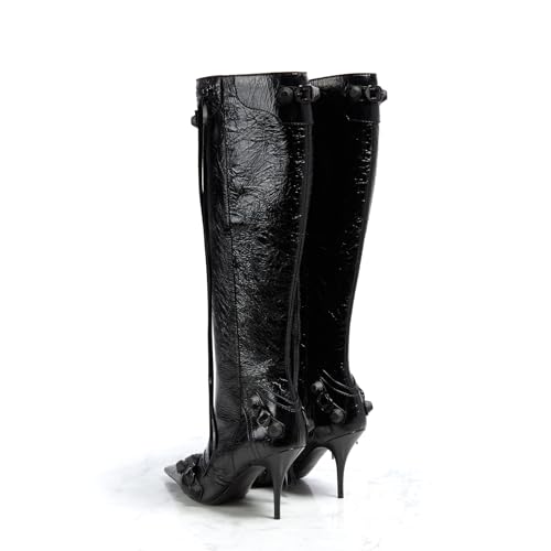 sarawill Women's Pointed Toe Side Zipper Stiletto Heel Knee High Boots Fashion Studded Buckle Strappy Tall Boots Kitten Heel Dressy Long Boots for Women Size 5.5-123