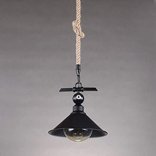 Lámpara industrial de techo con sombra de luz negra de hierro y cuerda natural de 26 cm