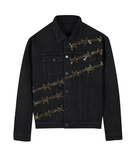 Image of SHION7 Men's Denim Jacket, Slim Fit Streetwear Jean Jackets For Men, Fashionable Embellished Rhinestone Jeans Coat