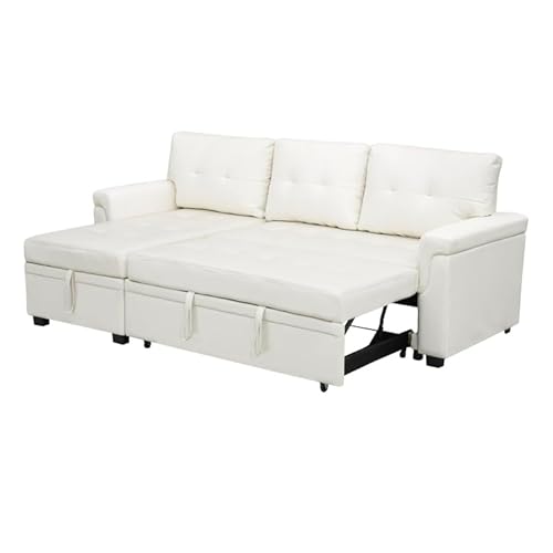 Reversible Sectional Sleeper Sofa With Pull Out Bed, Sleeper Sectional Sofa Bed Couch With Storage Chaise, Pull Out Couch Bed Sleeper Sofa Cama, L-Shape Full Size Pull Out Sofa - White / Air Leather #TOP7