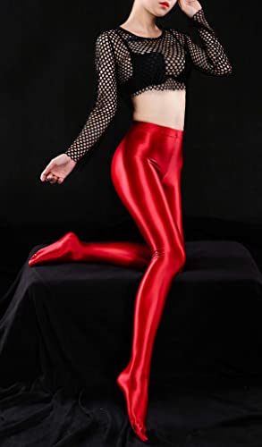 Image of FEOYA Women's Wet Look Footed Leggings Metallic Dance Tights Shiny Leggings Shimmer Pants Glitter Tights