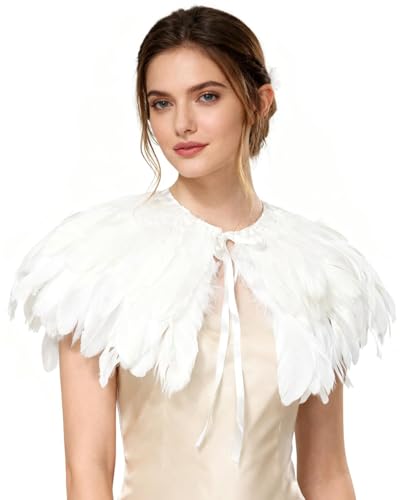 LVOW Fashion Feather Cape Stole Black White Beige Shawl Burning Man Costumes