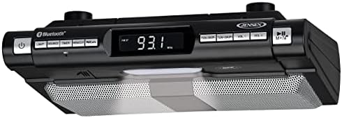 Jensen Modern Wireless Under Cabinet Kitchen Universal Bluetooth Music System, FM Radio, Clock LCD Digital Display, Built-in Hands-Free Mic & Speakers (Includes Mounting Hardware)