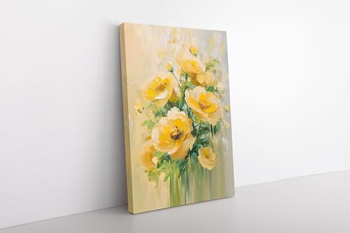 Décoration florale de salon avec ce tableau imprimé sur toile jaune tendre