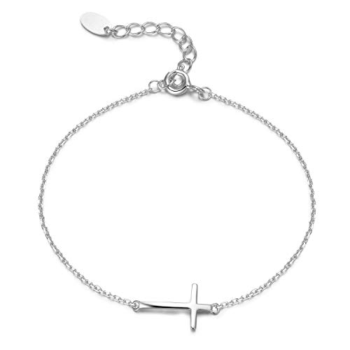 Dainty Sideways Cross Bracelet in Sterling Silver - Celebrity Style Horizontal Cross Bracelet