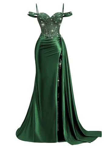 Off Shoulder Beaded Prom Dresses 2026 Long Satin Mermaid Formal Dresses Lace Pleated Evening Dresses...