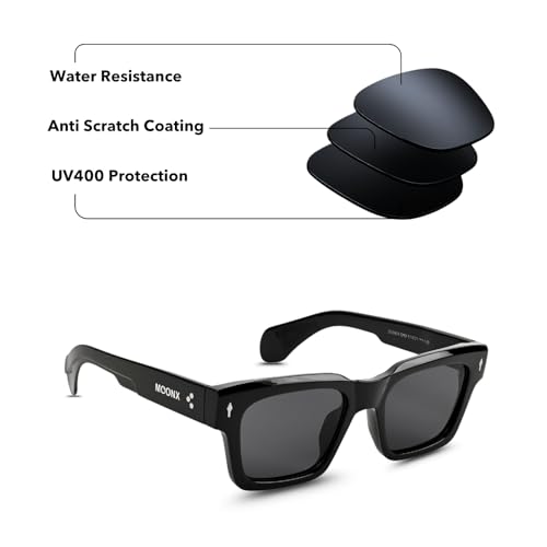 Image of MOONX Hydra S1 UV Protected Rectangular Sunglasses for Men & Women | Black PC Frame | Black Lens | Stylish Unisex Eyewear for Driving, Travel & Casual Outings