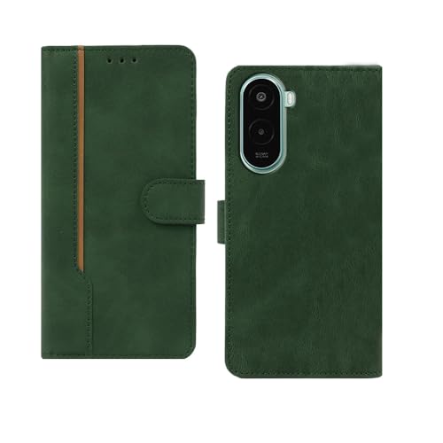 Image of amazon basics Poco M7 Plus Flip Cover | Card Pockets Wallet & Stand | Flip Cover for Poco M7 Plus (Green with Beige Strip)