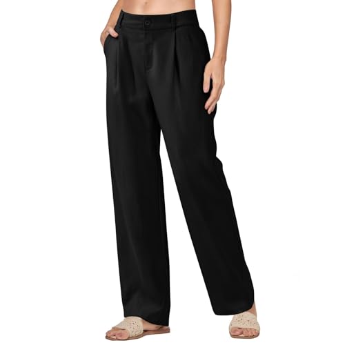 Linen Dress Pants Women Elastic High Waisted Wide Leg Lounge Pants Summer Business Casual Beach Trousers with Pockets2