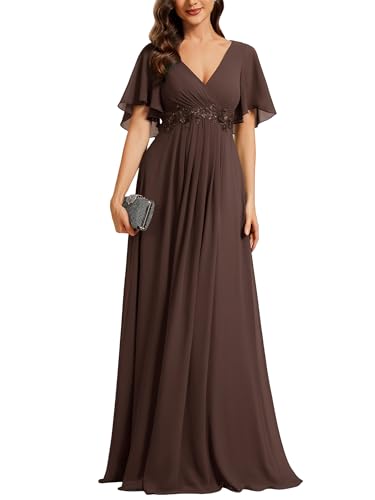 Image of Ever-Pretty Womens V Neck Applique Mother of the Bride Dresses Formal Dress | Chiffon, Short Sleeves, Ruched, A-Line, Bridesmaid Dresses, Formal Gown, Black Tie Dress
