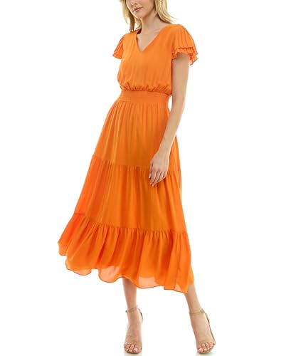 Image of Nanette Nanette Lepore Women's Tiered Pull on Fully Lined Dress with Smock Waist and Pleated Flutter Sleeve