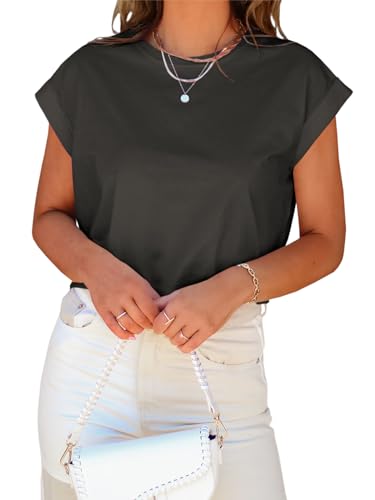 Image of Tankaneo Womens Short Sleeve Cropped T-Shirts Summer Rolled Dolman Sleeve Crop Tops Casual Round Neck Solid Short Basic Tees