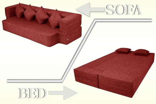 Image of C-Type Sofa Cum Bed 3-Seater Convertible Jute Fabric Sofa with Cushions, Modern Space-Saving Design for Living Room & Guest Room - Red Color