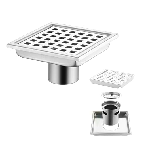 Bodenablauf Duschrinne Quadratisch Edelstahl,15x15cm,Bodenablauf Dusche Haarfilter 2 in 1 Befliesbar Ablaufrinne Duschablauf,Komplett aus Edelstahl 360°Siphon Geruchsverschluss,Für Bäder,Keller,usw.