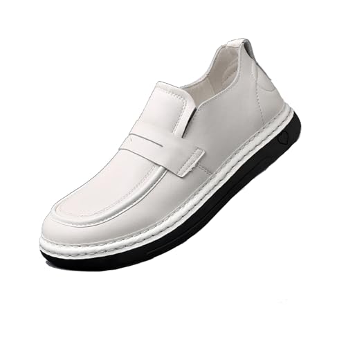 Men's PU Leather White Block Heel Loafers Comfortable Non-Slip Chunky Heel Soft-Soled Slip-on Casual Shoes