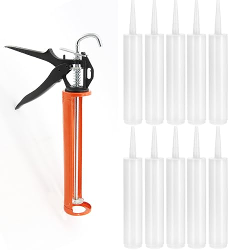 LSGZJZY Empty Caulking Sealant Tubes -10 ounce filler cartridge for Silicone Sealant，filling cracks, tiles, and repairs - one pack of 10 filler cartridges and 1 caulking gun