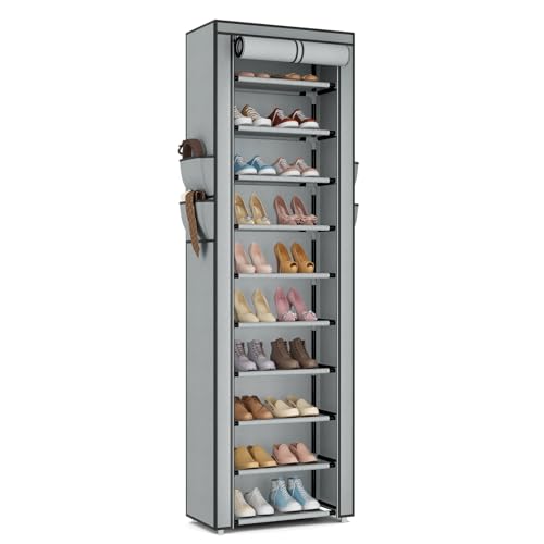 Image of ROJASOP Shoe Rack with Covers 10 Tier Large Shoe Organizer Tall Shoe Closet Storage for 20-22 Pairs Shoe and Boot, Free Standing Shoe Rack Organizer for Closet, Entryway, Bedroom, Grey