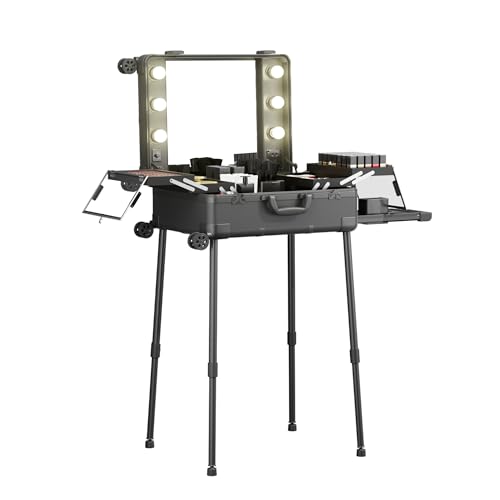 Valise de Maquillage à roulettes en Aluminium, Grand Miroir avec 6 Ampoules, Organisation de Cosmétiques avec Serrure à Code, Station Mallette Maquillage...