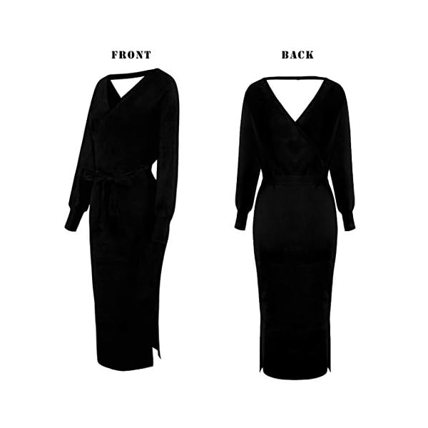 Viottiset Women's V Neck Long Sleeve Sexy Elegant Backless Wrap Bodycon Slit Long Midi Sweater Dress with Belt - Image 5