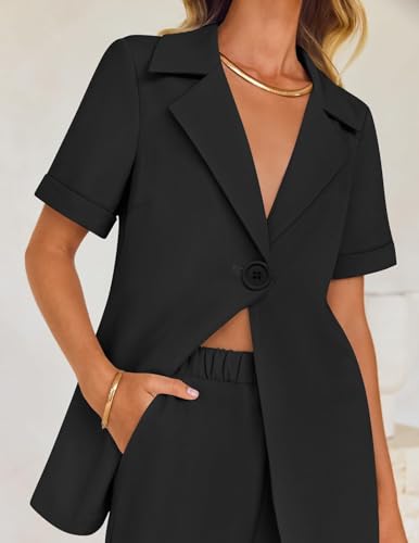 ZESICA Women's 2025 Casual 2 Piece Outfits Short Sleeve Blazer Jacket and Wide Leg Pants Loose Business Suit Sets4