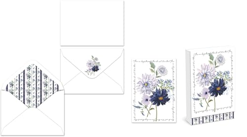 Image of Punch Studio Blank Note Cards with Lined Envelopes, Embossed Accents and Textured Box for All Occasions - 5 inch x 3.5 inch each, Set of 10 Cards - Blue Dhalia (50421)