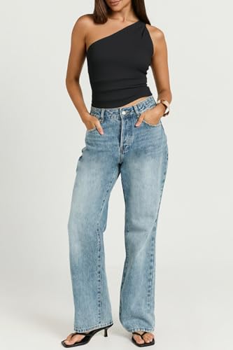 Cicy Bell Womens One Shoulder Tank Tops Summer Going Out Tops Ruched Asymmetrical Sleeveless Shirts4