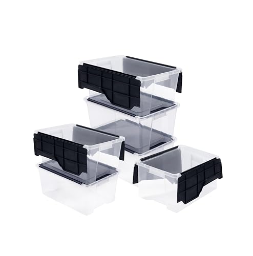 ORGANIZE-IT!, 6-Pack Flip-Top Tote 28 Qt, Storage Bin with a Clear Plastic Base, Black Lid...