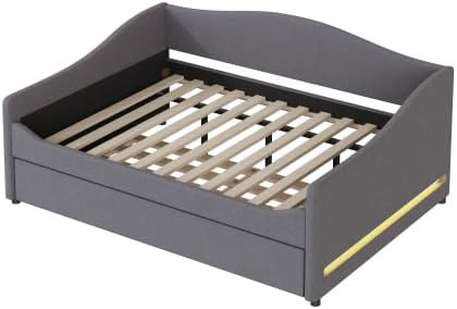 Miniatura 33 de MERITLINE Sofá cama tapizado de tamaño individual con nido y LED, marco de cama de día de forro polar con listones de madera maciza, sofá cama