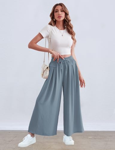 Image of ZJCT Wide Leg Palazzo Pants for Women Summer Beach Pants Flowy Loose Casual Lounge Pajama Yoga Pants with Pockets