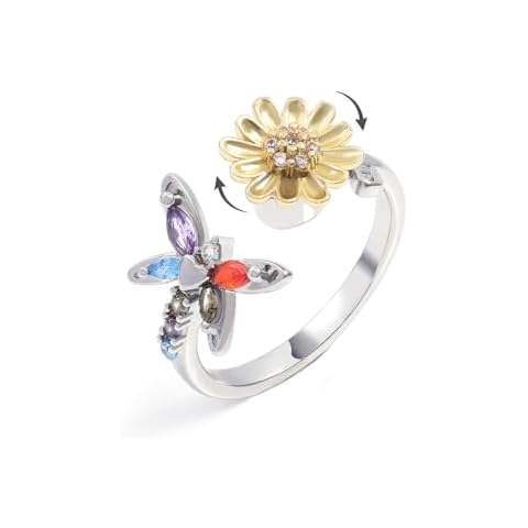 JUNVirtuous Anxiety Ring for Women,Sunflower Fidget Rings Spinner Ring Open Adjustable Ring Sunflower Gifts for Women (Sunflower Butterfly) Cover