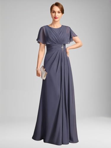Chiffon Mother of The Bride Dresses for Wedding Elegant Long Ruched Formal Evening Gown with Flutter Sleeve2